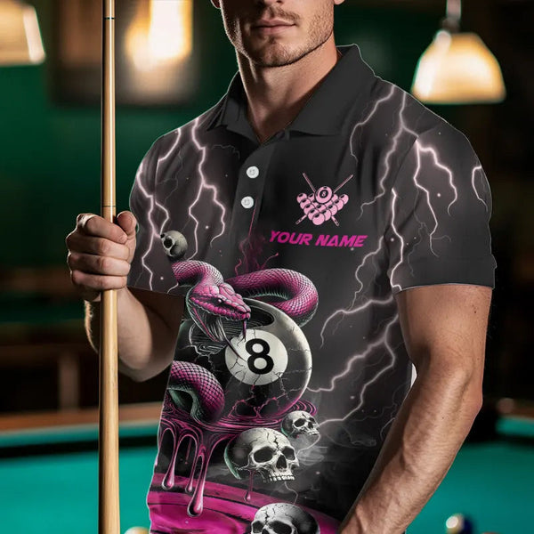 Pink And Black Thunder Lightning Skull Snake Billiard Shirts For Men Custom 8 Ball Billiard Jerseys TDM3627