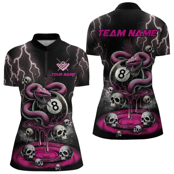 Pink And Black Thunder Lightning Skull Snake Billiard Shirts For Women Custom 8 Ball Billiard Jerseys TDM3627