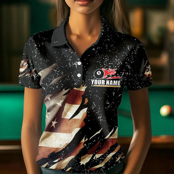 Billiard Ball Retro US Flag Black Grunge Billiard Shirt For Women Custom 8 Ball Pool Billiard Jersey TDM3637
