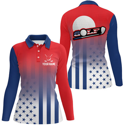 Personalized Patriotic US Flag Womens Golf Polo Shirts, Best 4Th Of July Golf Outfits For Ladies TDM1892