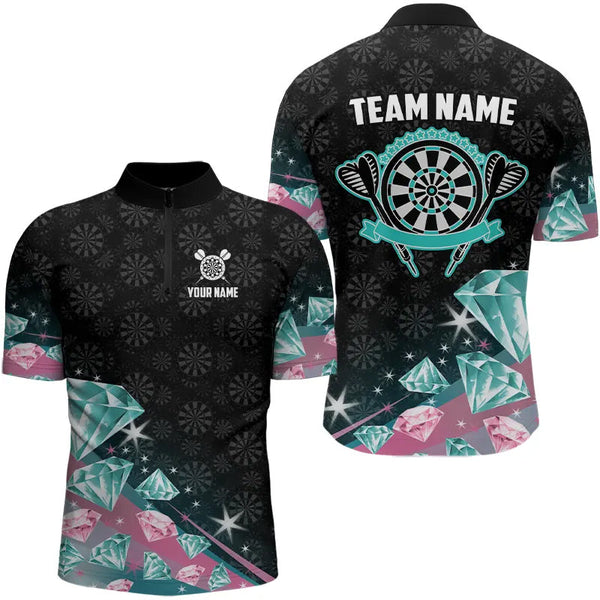 Funny Pink And Turquoise Diamonds Darts Polo & Quarter Zip Custom Dart Shirts For Men Dart Jerseys TDM3319