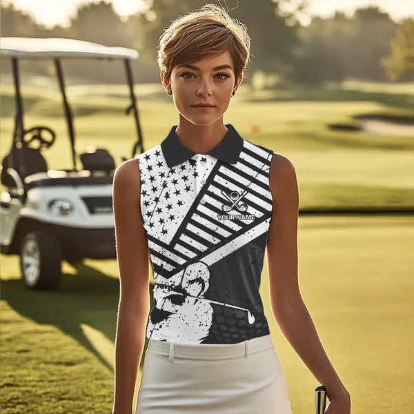 Black and White American Flag Women Sleeveless polo shirt custom patriotic golf apparel team jerseys NQS9605