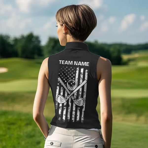 Black and White American Flag Women Sleeveless polo shirt custom patriotic golf apparel team jerseys NQS9605