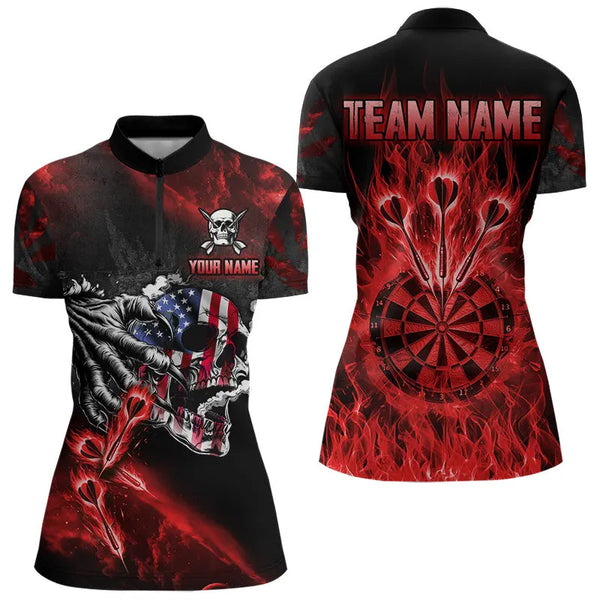 Fire Flame Darts Board American Flag Skull Dart Shirts For Women Custom Darts Team Jerseys |Red TDM3646