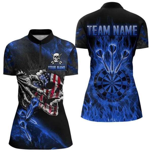 Fire Flame Darts Board American Flag Skull Dart Shirts For Women Custom Darts Team Jerseys |Blue TDM3647