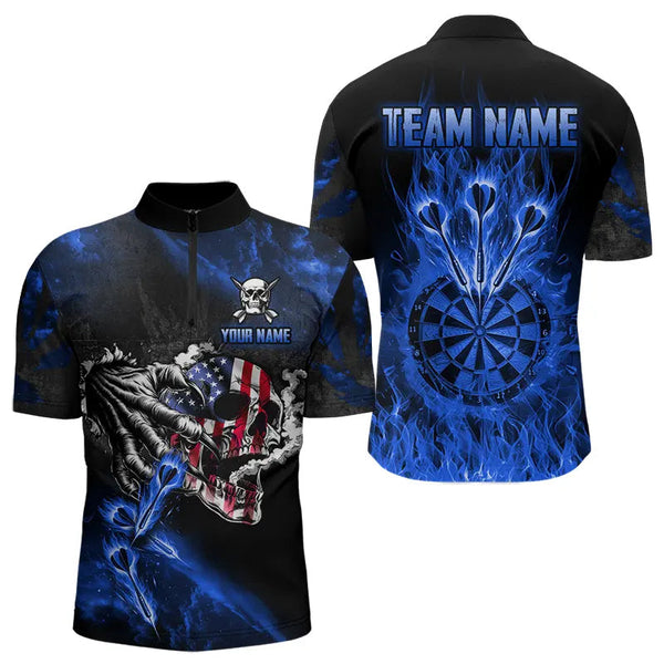 Fire Flame Darts Board American Flag Skull Dart Shirts For Men Custom Darts Team Jerseys |Blue TDM3647