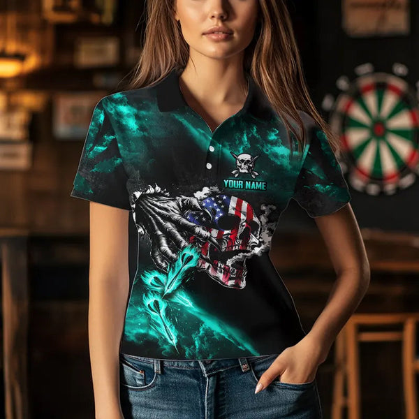 Fire Flame Darts Board American Flag Skull Dart Shirts For Women Custom Darts Team Jerseys |Turquoise TDM3648