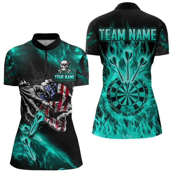 Fire Flame Darts Board American Flag Skull Dart Shirts For Women Custom Darts Team Jerseys |Turquoise TDM3648