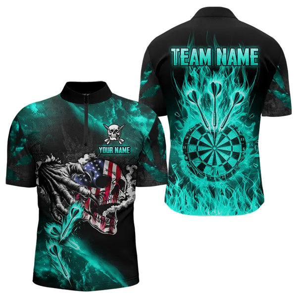 Fire Flame Darts Board American Flag Skull Dart Shirts For Men Custom Darts Team Jerseys |Turquoise TDM3648