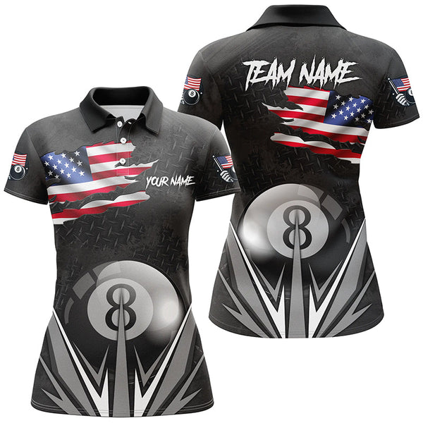 American Flag 8 Ball Pool Custom Name Black Billiard Jerseys For Women, Patriotic Billiard Shirts TDM1905