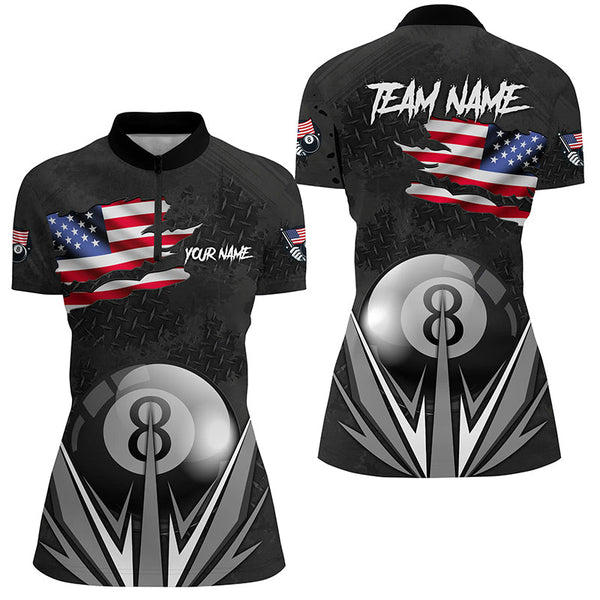 American Flag 8 Ball Pool Custom Name Black Billiard Jerseys For Women, Patriotic Billiard Shirts TDM1905