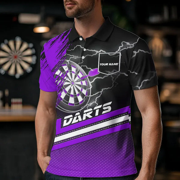 Black And Purple Darts Shirts For Men Custom Lightning Dart Polo & Quarter Zip, Cool Dart Jerseys TDM3499