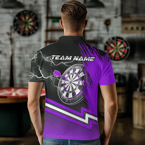 Black And Purple Darts Shirts For Men Custom Lightning Dart Polo & Quarter Zip, Cool Dart Jerseys TDM3499