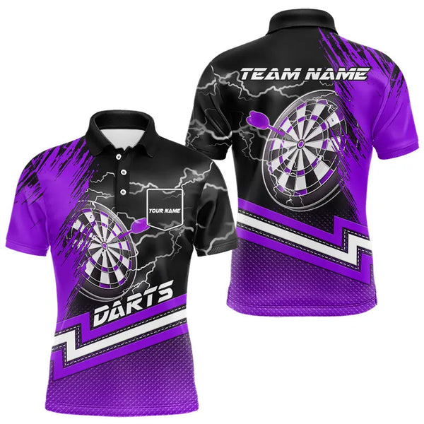 Black And Purple Darts Shirts For Men Custom Lightning Dart Polo & Quarter Zip, Cool Dart Jerseys TDM3499