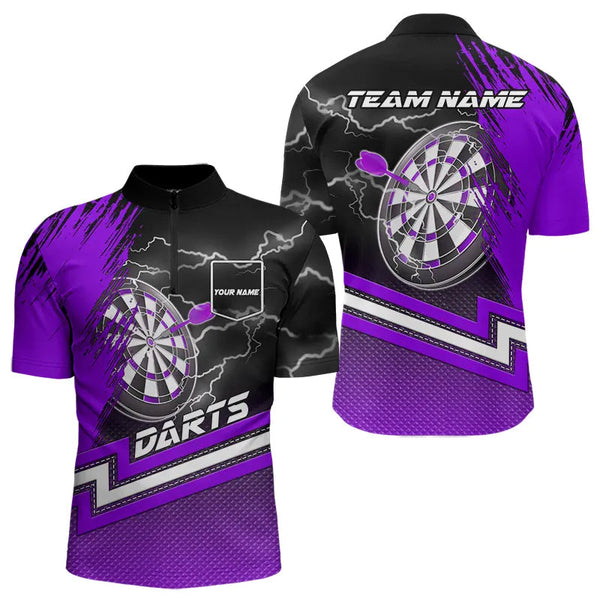 Black And Purple Darts Shirts For Men Custom Lightning Dart Polo & Quarter Zip, Cool Dart Jerseys TDM3499