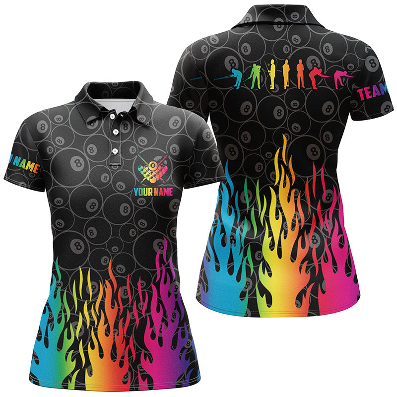 Billiard Rainbow Fire Snooker Player Silhouettes Custom 3D Women Polo Shirts, Pool Player Shirts TDM0640