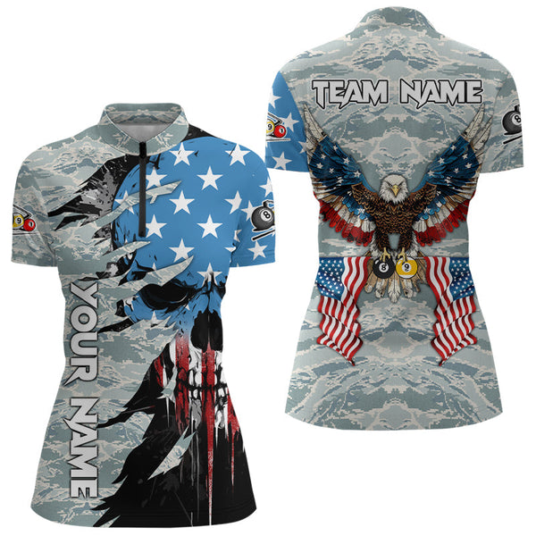 Customized Camo Ball 8 & Ball 9 Eagle Flag Skull Women Billiard Shirts, US Patriotic Billiard Jersey TDM3093