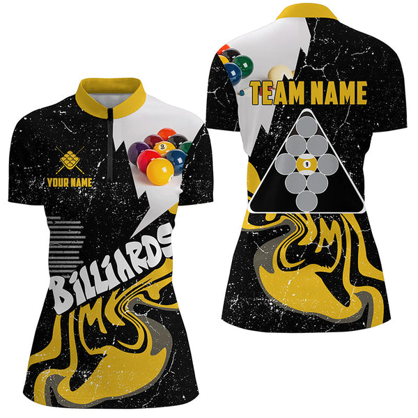 Personalized 9 Ball Billiard Shirts For Women Custom Grunge Yellow Black 9 Ball Pool Jerseys TDM1922
