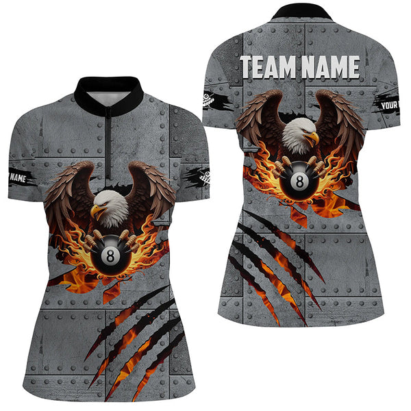 Personalized Eagle 8 Ball Fire Billiard Polo, 1/4 Zip Shirts For Women, 8 Ball Pool Billiard Jerseys TDM2376