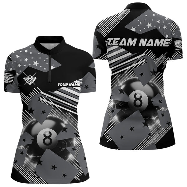 Grey And Black American Flag Custom 8 Ball Billiard Shirts For Women, Pride Patriotic Billiard Jersey TDM3107