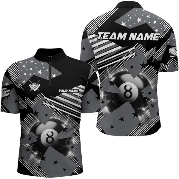 Grey And Black American Flag Custom 8 Ball Billiard Shirts For Men, Pride Patriotic Billiard Jersey TDM3107