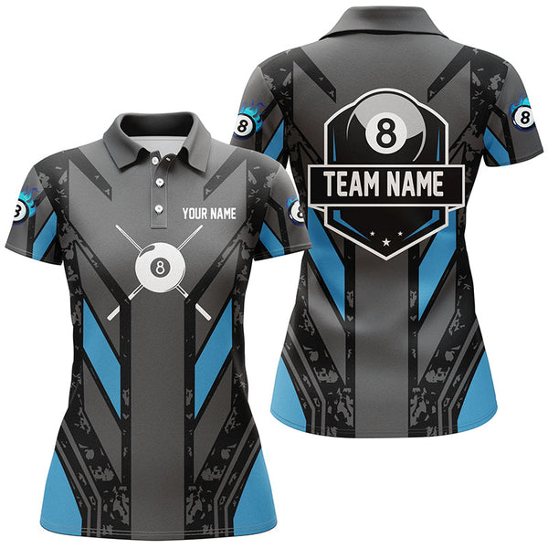 Blue Billiard 8 Ball Pool Polo & Quarter-Zip Shirts For Women Custom Billiard Team Jerseys Attire TDM1719