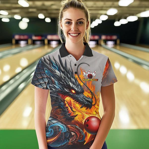 Personalized Dragon And Fire Bowling Shirts Polo & 1/4 Zip For Women, Dragon Bowling Team Jerseys TDM3659