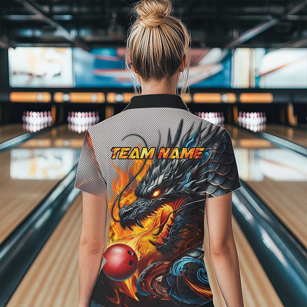 Personalized Dragon And Fire Bowling Shirts Polo & 1/4 Zip For Women, Dragon Bowling Team Jerseys TDM3659