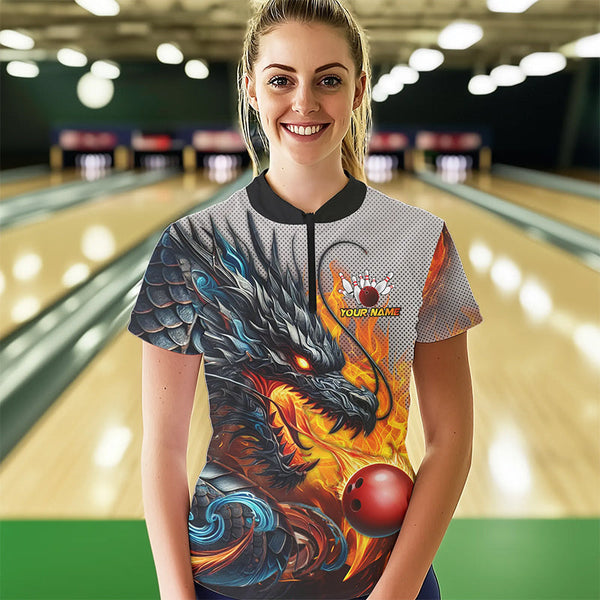 Personalized Dragon And Fire Bowling Shirts Polo & 1/4 Zip For Women, Dragon Bowling Team Jerseys TDM3659