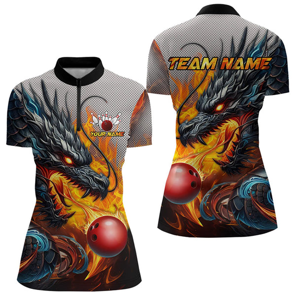 Personalized Dragon And Fire Bowling Shirts Polo & 1/4 Zip For Women, Dragon Bowling Team Jerseys TDM3659