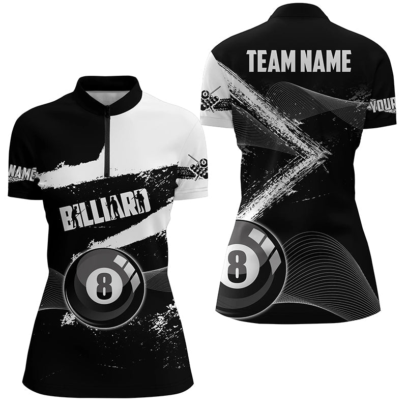 Custom Ball 8 Black Grunge Billiard Women Quarter-Zip Shirts, 8 Ball Pool Billiard Jerseys TDM0663