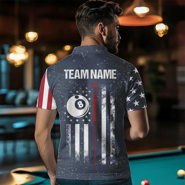 Grunge Navy American Flag 8 Ball Billiard Shirt For Men Custom Patriotic Billiard Shirt Pool Jersey TDM3663