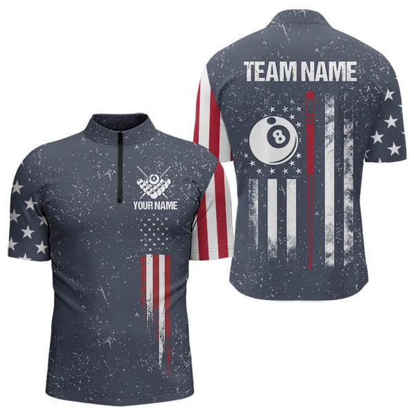 Grunge Navy American Flag 8 Ball Billiard Shirt For Men Custom Patriotic Billiard Shirt Pool Jersey TDM3663
