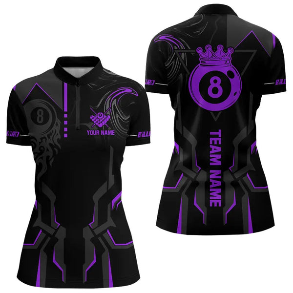 Customized 8 Ball Pool Crown Women Billiard Shirts, Purple And Black Billiard Team Shirts Pool Jersey TDM3665