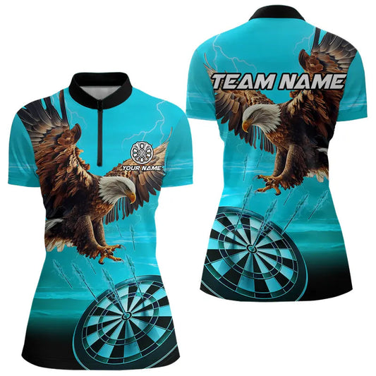 Personalized Cyan Blue Dartboard Eagle Dart Shirts For Women Custom Team Darts Jersey Polo & 1/4 Zip TDM3810