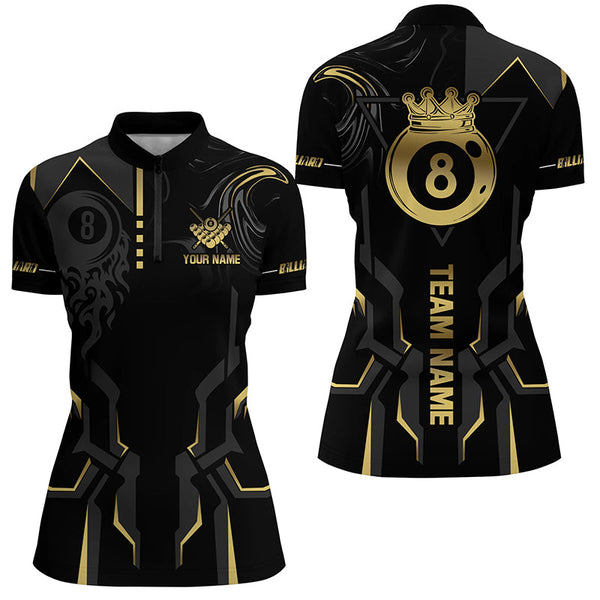 Customized 8 Ball Pool Crown Women Billiard Shirts, Gold And Black Billiard Team Shirts, Pool Jerseys TDM2645