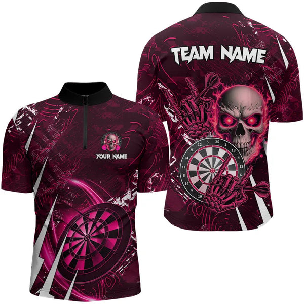 Personalized Pink 3D Skull Darts Polo & 1/4 Zip Shirts For Men Custom Cool Darts League Team Jersey TDM3366