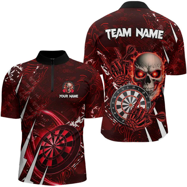 Personalized Red 3D Skull Darts Polo & 1/4 Zip Shirts For Men Custom Cool Darts League Team Jersey TDM3367