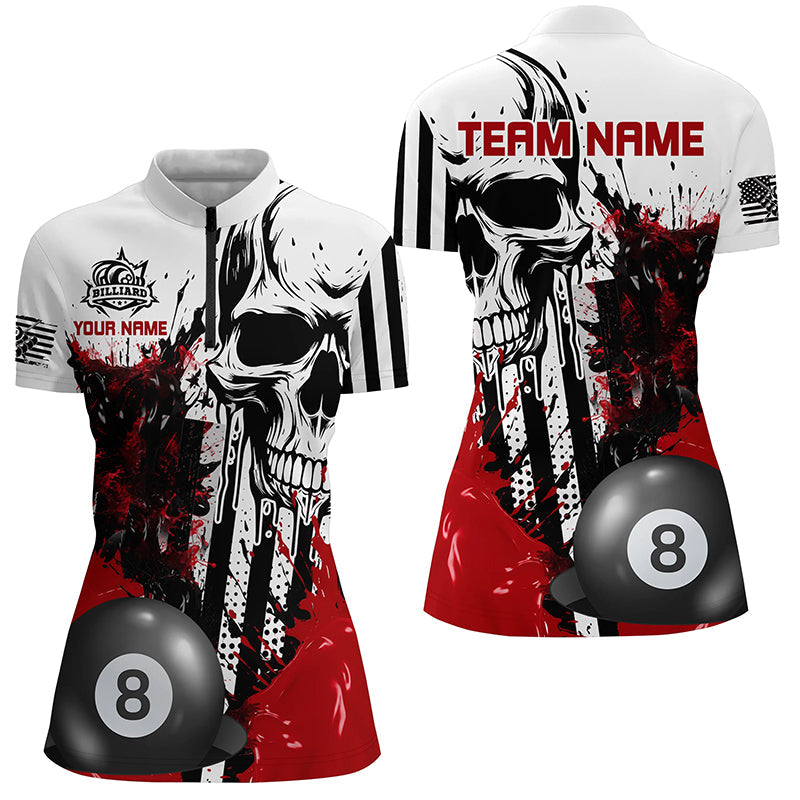 Personalized Red Grunge Skull Billiards Shirts For Women Custom Retro 