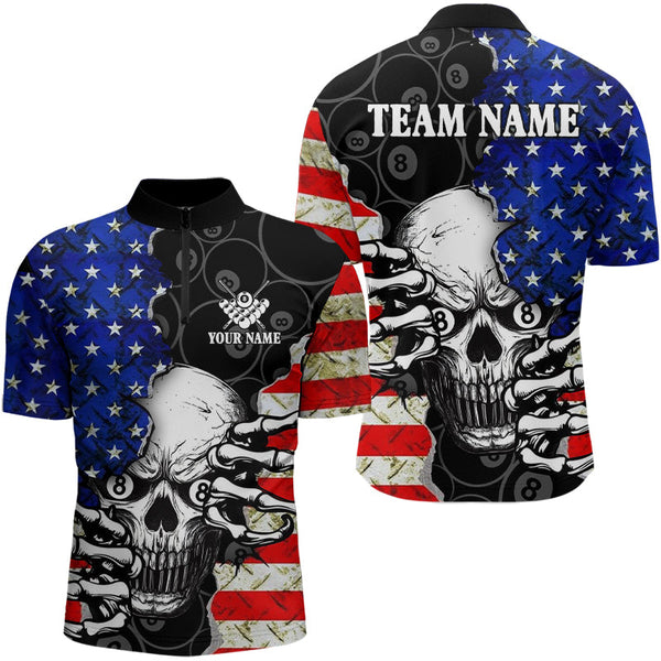 Personalized American Flag Menacing Skull Billiard Shirts For Men, Patriotic 8 Ball Billiard Jersey TDM3124