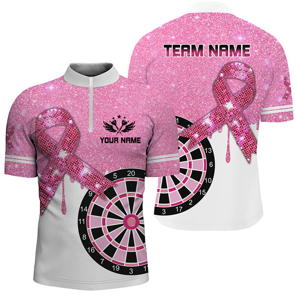 Pink Glitter Ribbon Dartboard Breast Cancer Awareness Darts Shirts For Men Custom Darts Jersey TDM1579