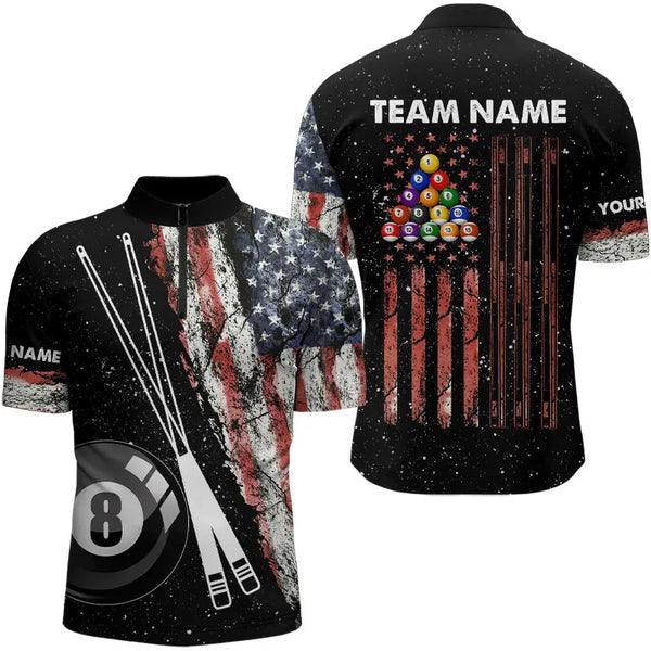 Retro Black Grunge American Flag 8 Ball Pool Men Billiard Shirts Custom Patriotic Billiard Jersey TDM3371