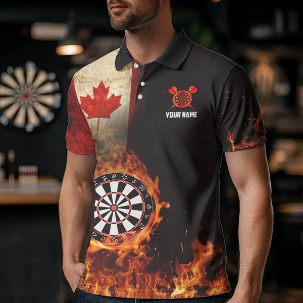 Personalized Retro Canada Flag Flame Dartboard Darts Shirts For Men, Patriotic Canadian Dart Jersey TDM3675