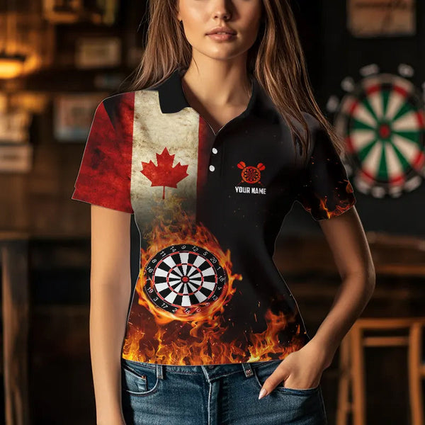 Personalized Retro Canada Flag Flame Dartboard Darts Shirts For Women, Patriotic Canadian Dart Jersey TDM3675