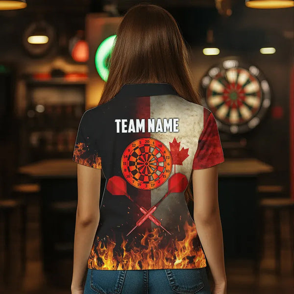 Personalized Retro Canada Flag Flame Dartboard Darts Shirts For Women, Patriotic Canadian Dart Jersey TDM3675