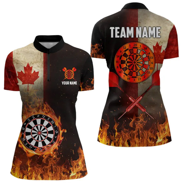 Personalized Retro Canada Flag Flame Dartboard Darts Shirts For Women, Patriotic Canadian Dart Jersey TDM3675