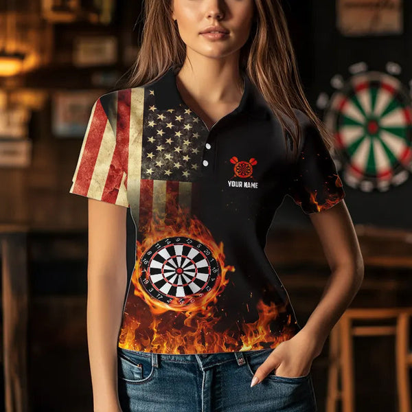 Personalized Retro US Flag Flame Dartboard Darts Shirts For Women, Patriotic American Dart Jerseys TDM3676