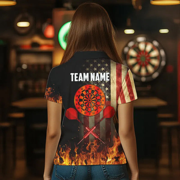 Personalized Retro US Flag Flame Dartboard Darts Shirts For Women, Patriotic American Dart Jerseys TDM3676