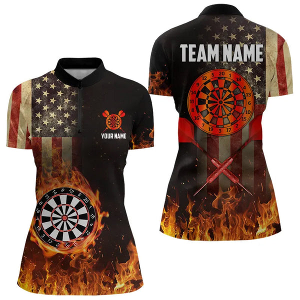 Personalized Retro US Flag Flame Dartboard Darts Shirts For Women, Patriotic American Dart Jerseys TDM3676