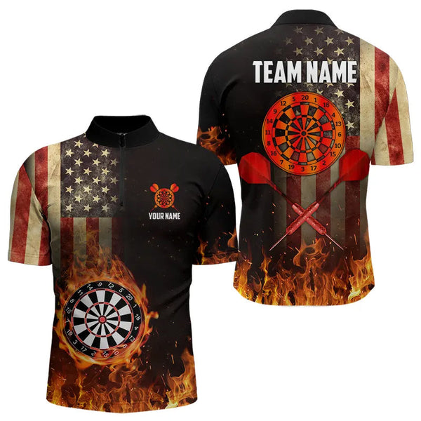 Personalized Retro US Flag Flame Dartboard Darts Shirts For Men, Patriotic American Dart Jerseys TDM3676